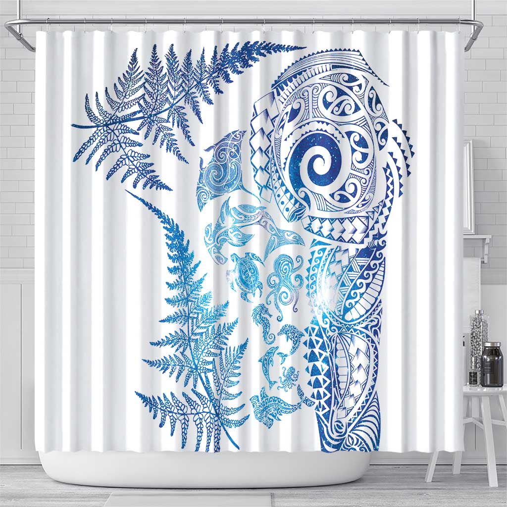New Zealand Sea Animals Shower Curtain with Maori Koru Tribal Tattoo and Silver Ferns Galaxy Style