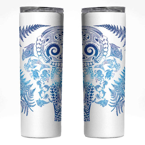 New Zealand Sea Animals Skinny Tumbler with Maori Koru Tribal Tattoo and Silver Ferns Galaxy Style