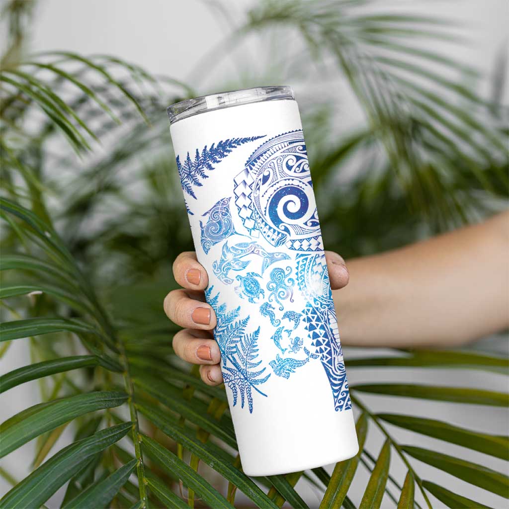 New Zealand Sea Animals Skinny Tumbler with Maori Koru Tribal Tattoo and Silver Ferns Galaxy Style