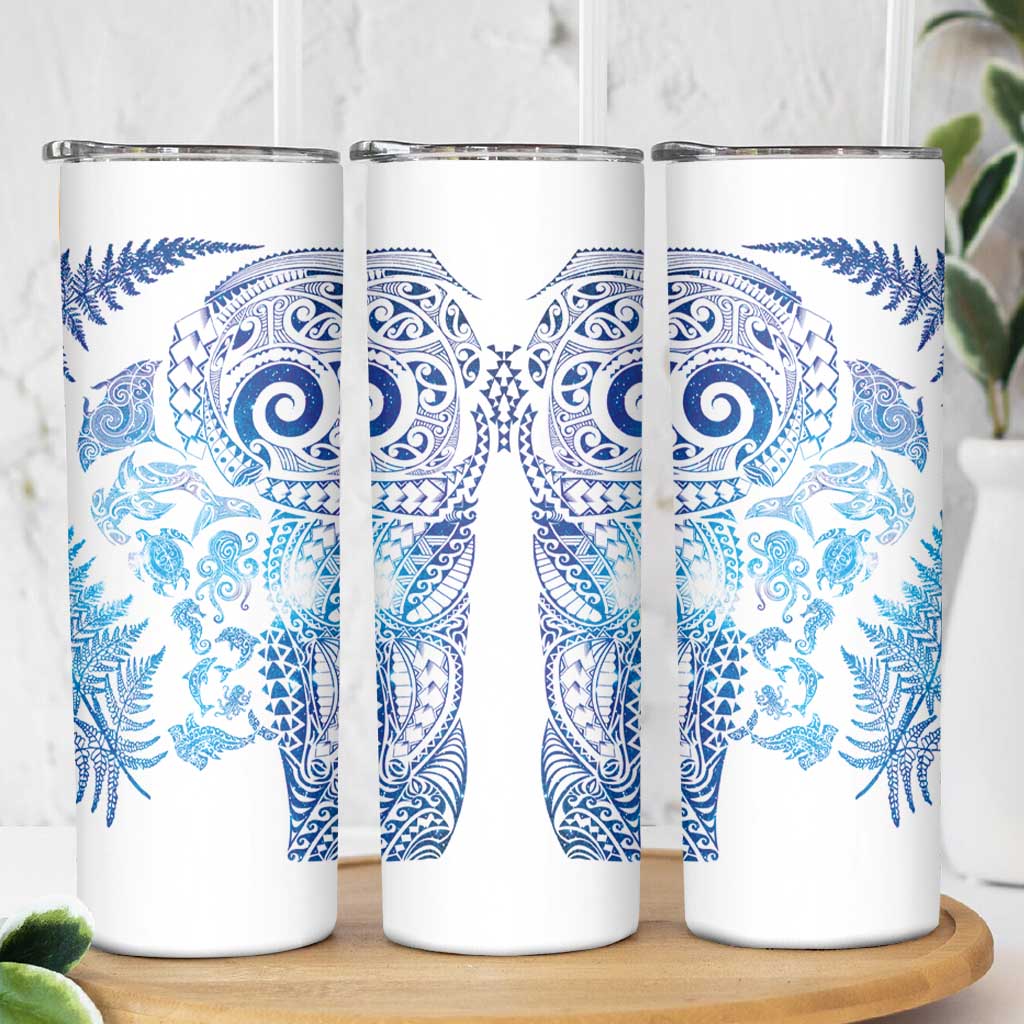 New Zealand Sea Animals Skinny Tumbler with Maori Koru Tribal Tattoo and Silver Ferns Galaxy Style