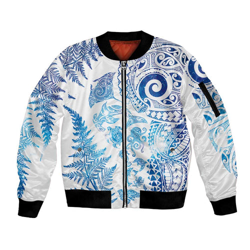New Zealand Sea Animals Sleeve Zip Bomber Jacket with Maori Koru Tribal Tattoo and Silver Ferns Galaxy Style