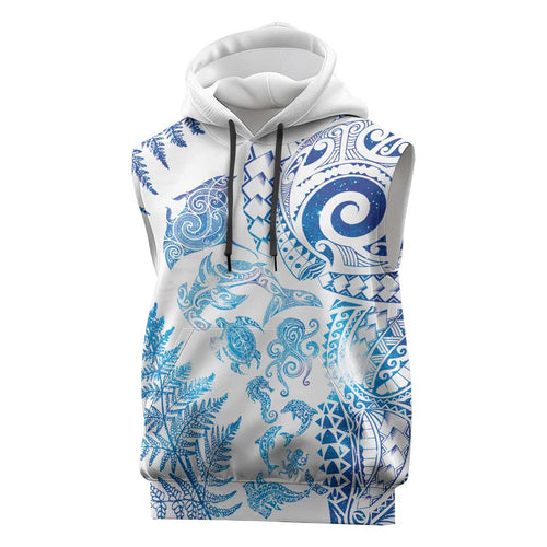 New Zealand Sea Animals Sleeveless Hoodie with Maori Koru Tribal Tattoo and Silver Ferns Galaxy Style