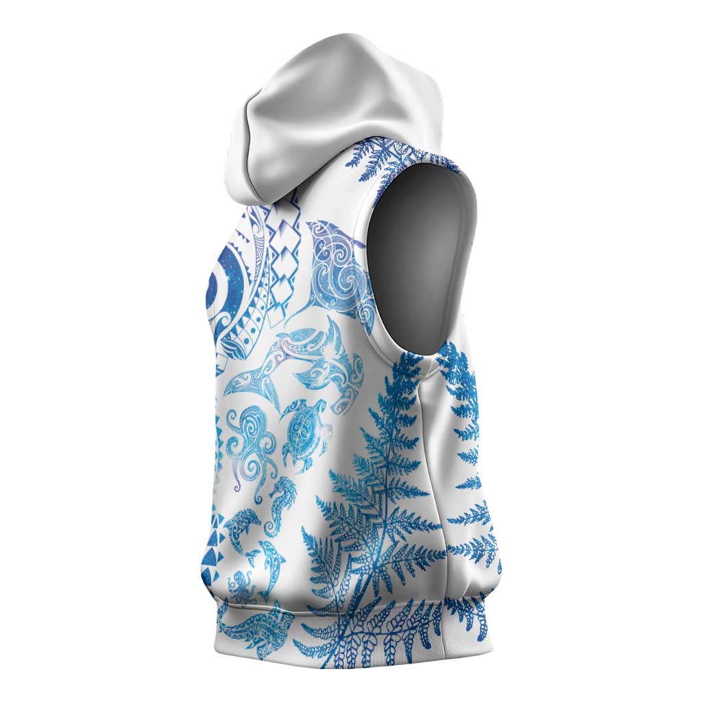 New Zealand Sea Animals Sleeveless Hoodie with Maori Koru Tribal Tattoo and Silver Ferns Galaxy Style