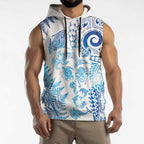New Zealand Sea Animals Sleeveless Hoodie with Maori Koru Tribal Tattoo and Silver Ferns Galaxy Style