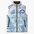 New Zealand Sea Animals Sleeveless Puffer Jacket with Maori Koru Tribal Tattoo and Silver Ferns Galaxy Style
