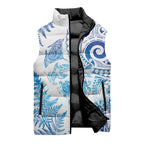 New Zealand Sea Animals Sleeveless Puffer Jacket with Maori Koru Tribal Tattoo and Silver Ferns Galaxy Style