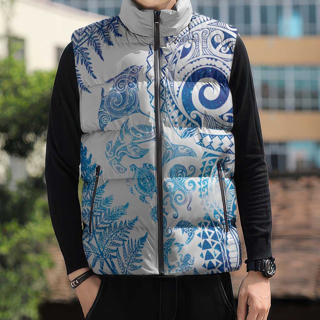 New Zealand Sea Animals Sleeveless Puffer Jacket with Maori Koru Tribal Tattoo and Silver Ferns Galaxy Style