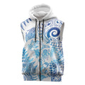 New Zealand Sea Animals Sleeveless Zip Hoodie with Maori Koru Tribal Tattoo and Silver Ferns Galaxy Style