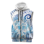 New Zealand Sea Animals Sleeveless Zip Hoodie with Maori Koru Tribal Tattoo and Silver Ferns Galaxy Style