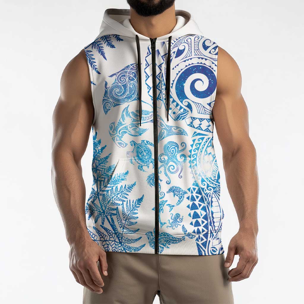 New Zealand Sea Animals Sleeveless Zip Hoodie with Maori Koru Tribal Tattoo and Silver Ferns Galaxy Style