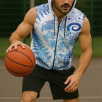 New Zealand Sea Animals Sleeveless Zip Hoodie with Maori Koru Tribal Tattoo and Silver Ferns Galaxy Style
