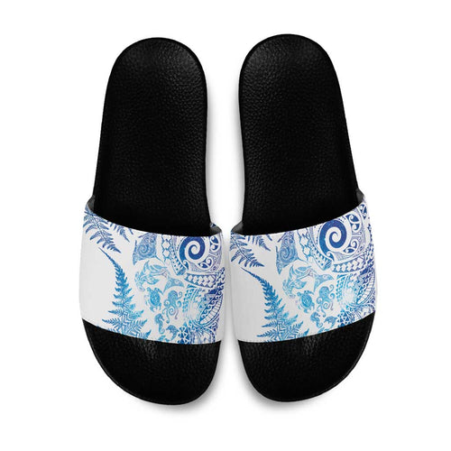 New Zealand Sea Animals Slide Sandals with Maori Koru Tribal Tattoo and Silver Ferns Galaxy Style