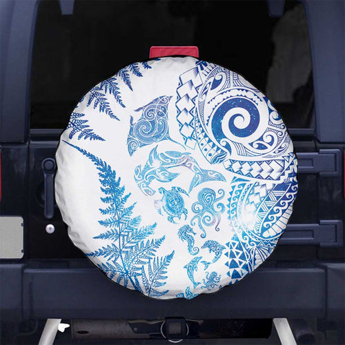 New Zealand Sea Animals Spare Tire Cover with Maori Koru Tribal Tattoo and Silver Ferns Galaxy Style