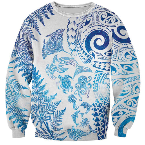 New Zealand Sea Animals Sweatshirt with Maori Koru Tribal Tattoo and Silver Ferns Galaxy Style