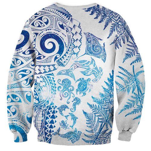 New Zealand Sea Animals Sweatshirt with Maori Koru Tribal Tattoo and Silver Ferns Galaxy Style