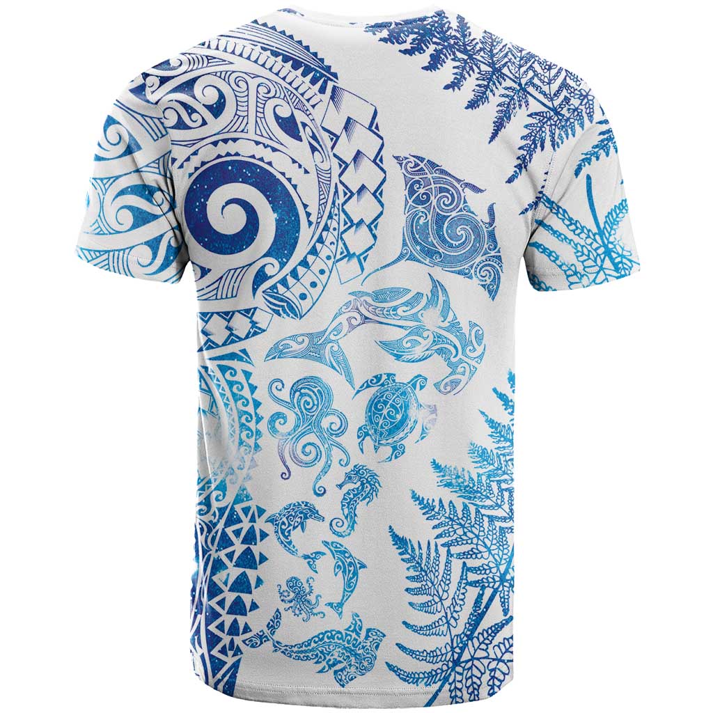 New Zealand Sea Animals T Shirt with Maori Koru Tribal Tattoo and Silver Ferns Galaxy Style