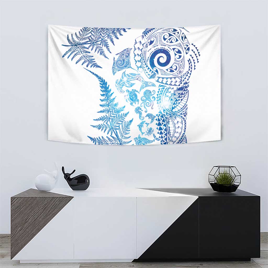 New Zealand Sea Animals Tapestry with Maori Koru Tribal Tattoo and Silver Ferns Galaxy Style