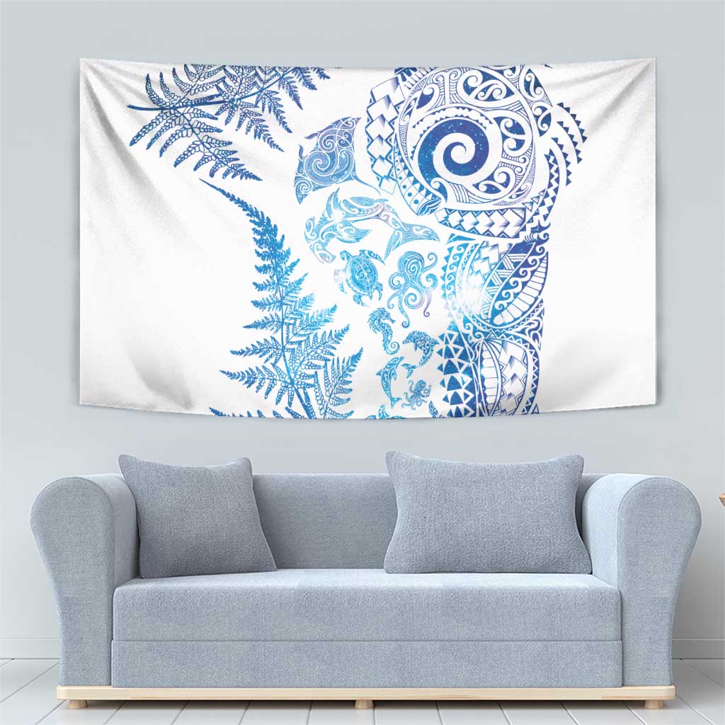 New Zealand Sea Animals Tapestry with Maori Koru Tribal Tattoo and Silver Ferns Galaxy Style