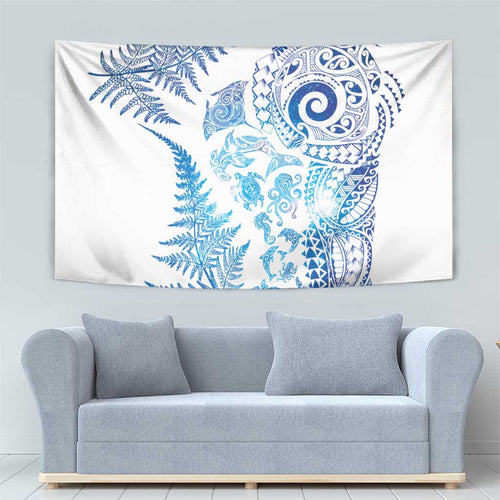 New Zealand Sea Animals Tapestry with Maori Koru Tribal Tattoo and Silver Ferns Galaxy Style
