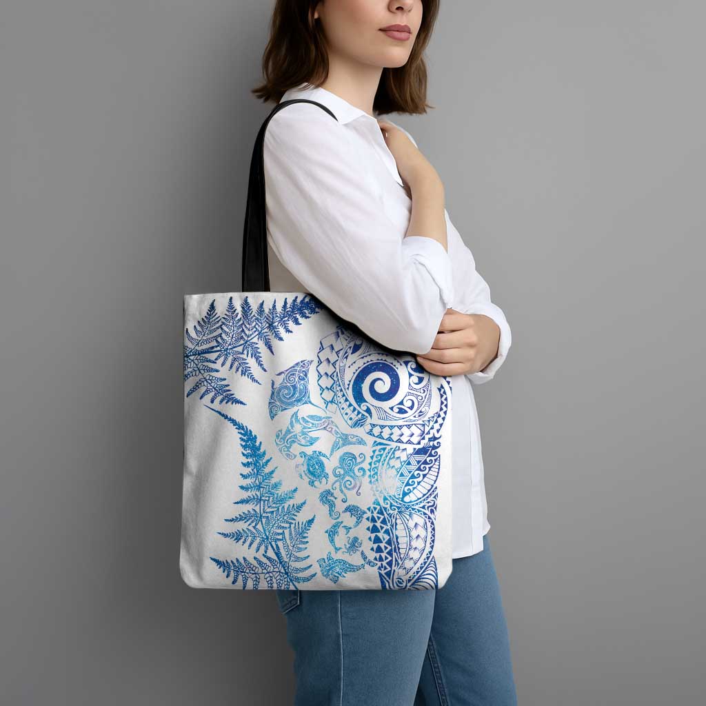New Zealand Sea Animals Tote Bag with Maori Koru Tribal Tattoo and Silver Ferns Galaxy Style