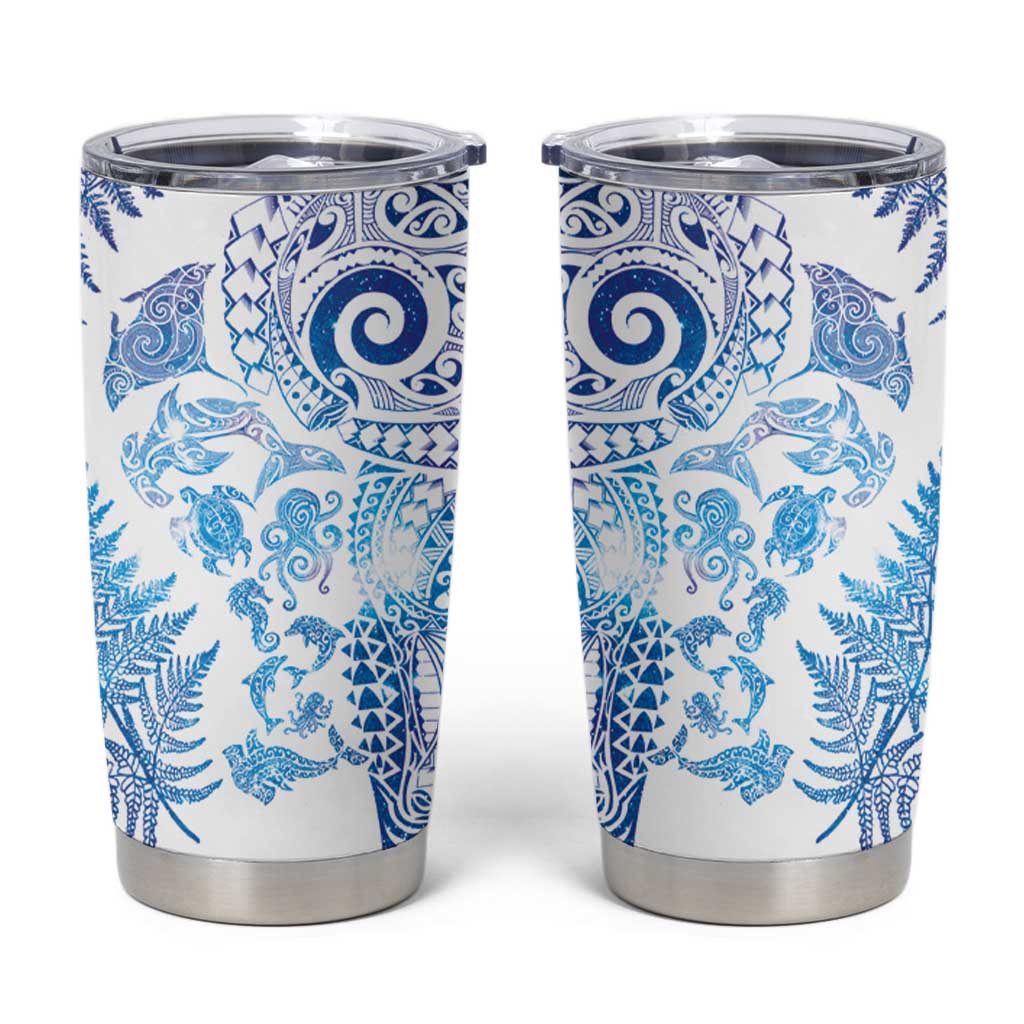 New Zealand Sea Animals Tumbler Cup with Maori Koru Tribal Tattoo and Silver Ferns Galaxy Style