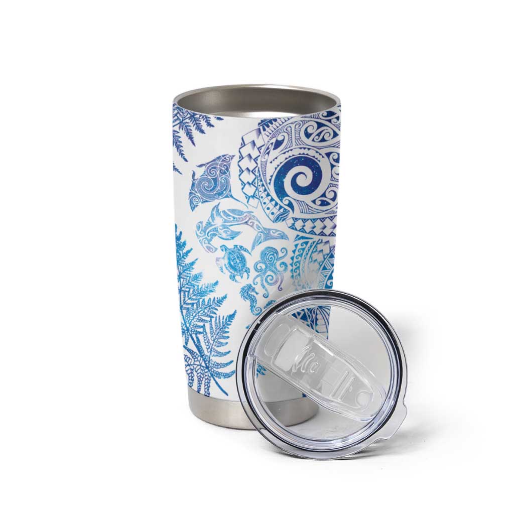New Zealand Sea Animals Tumbler Cup with Maori Koru Tribal Tattoo and Silver Ferns Galaxy Style