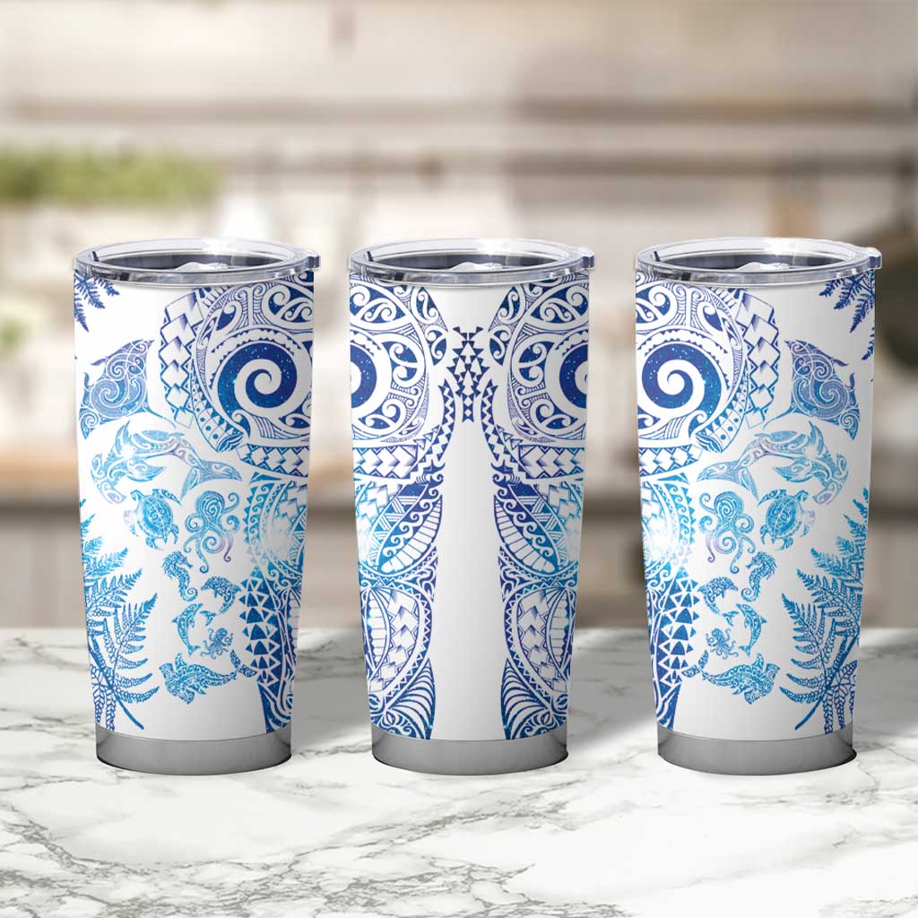 New Zealand Sea Animals Tumbler Cup with Maori Koru Tribal Tattoo and Silver Ferns Galaxy Style