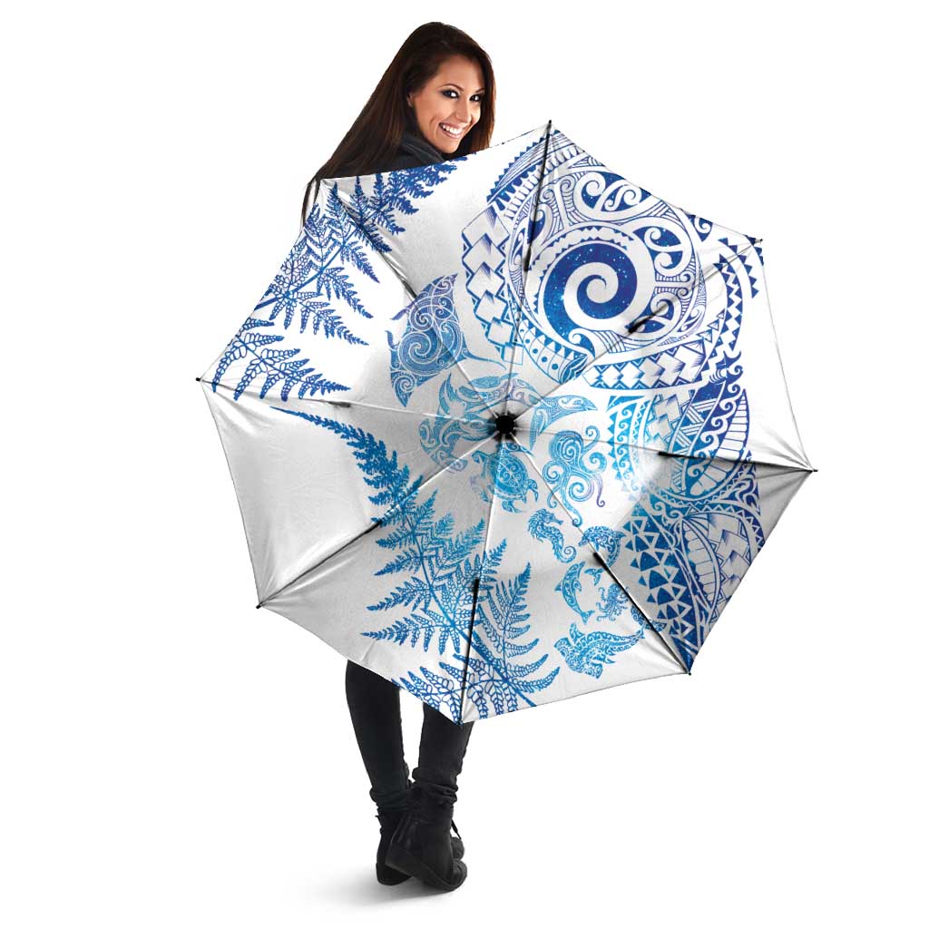New Zealand Sea Animals Umbrella with Maori Koru Tribal Tattoo and Silver Ferns Galaxy Style