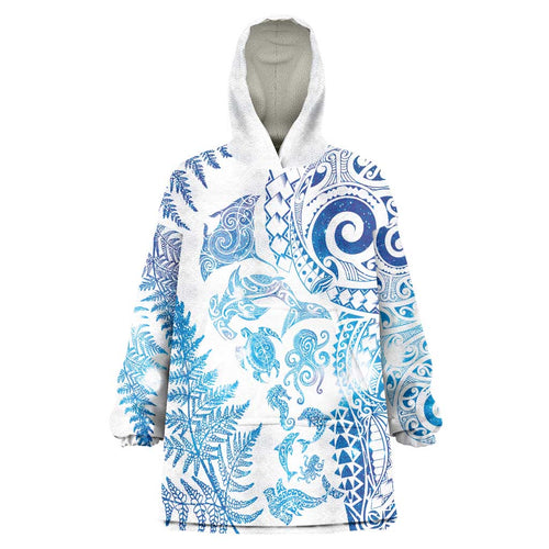 New Zealand Sea Animals Wearable Blanket Hoodie with Maori Koru Tribal Tattoo and Silver Ferns Galaxy Style
