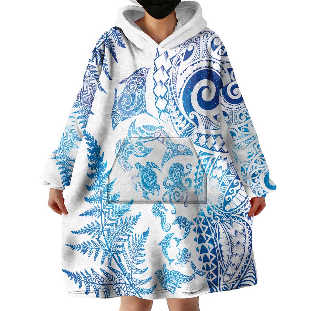 New Zealand Sea Animals Wearable Blanket Hoodie with Maori Koru Tribal Tattoo and Silver Ferns Galaxy Style