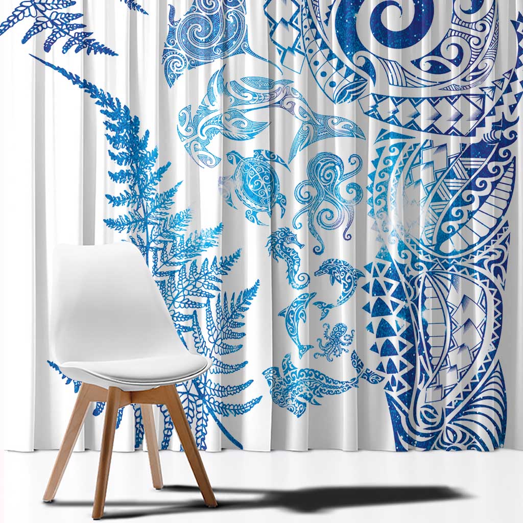 New Zealand Sea Animals Window Curtain with Maori Koru Tribal Tattoo and Silver Ferns Galaxy Style