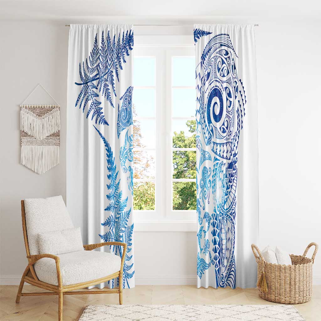 New Zealand Sea Animals Window Curtain with Maori Koru Tribal Tattoo and Silver Ferns Galaxy Style