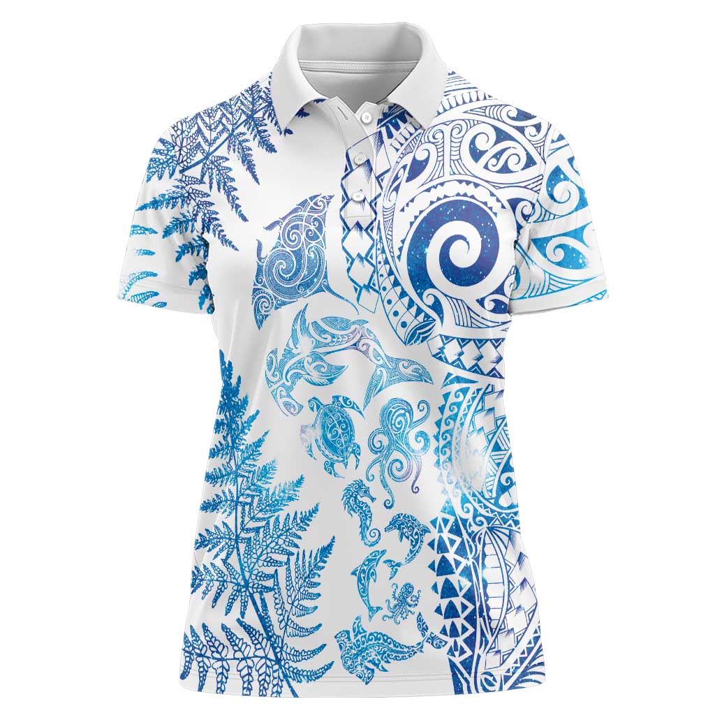 New Zealand Sea Animals Women Polo Shirt with Maori Koru Tribal Tattoo and Silver Ferns Galaxy Style