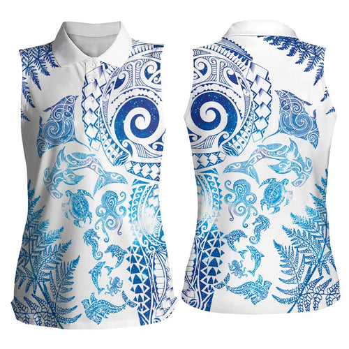 New Zealand Sea Animals Women Sleeveless Polo Shirt with Maori Koru Tribal Tattoo and Silver Ferns Galaxy Style