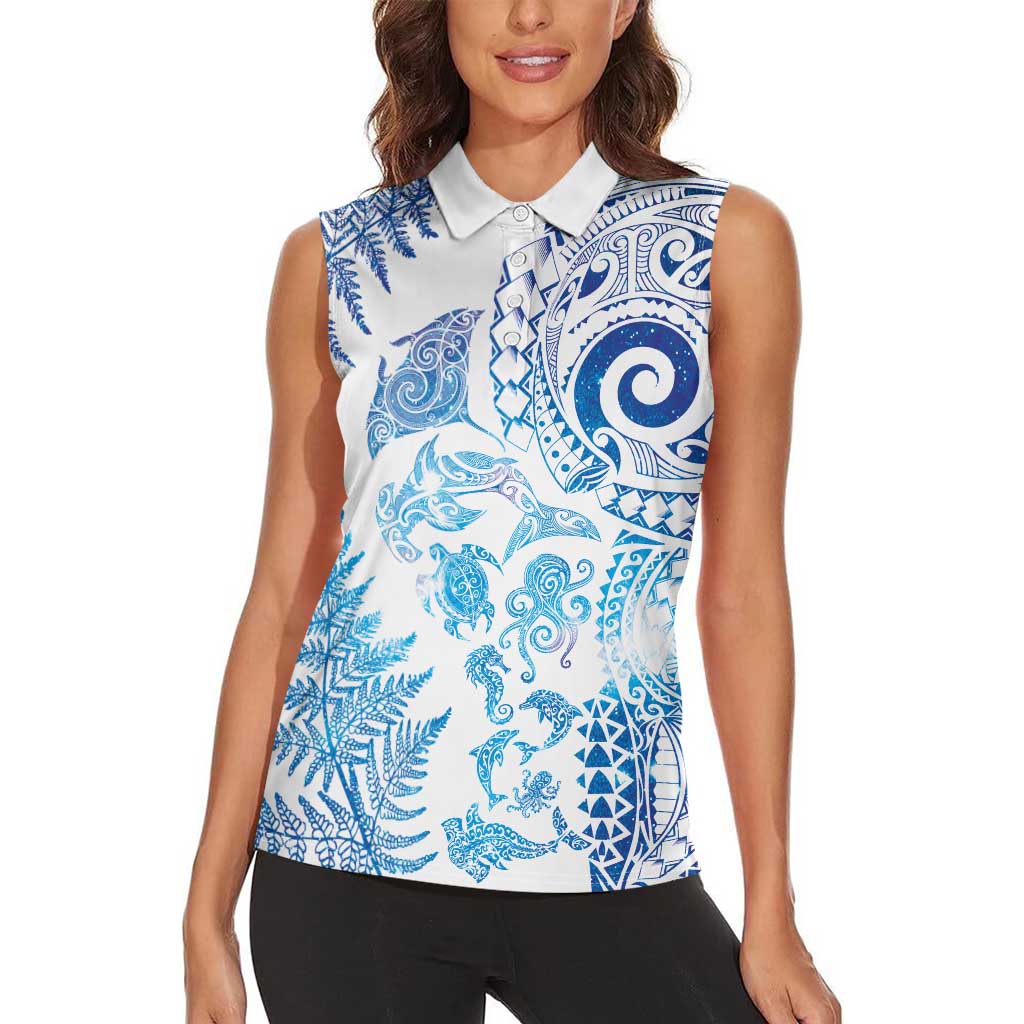 New Zealand Sea Animals Women Sleeveless Polo Shirt with Maori Koru Tribal Tattoo and Silver Ferns Galaxy Style