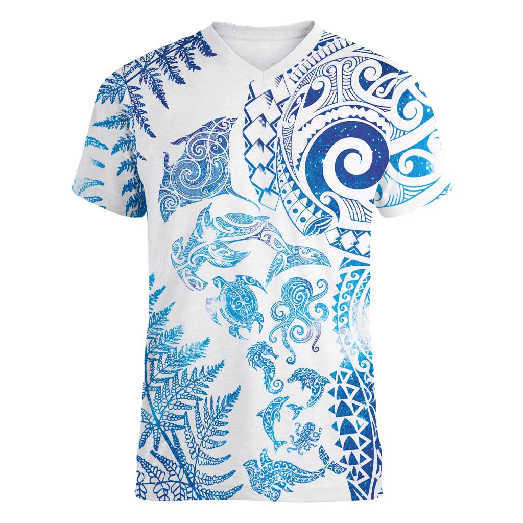 New Zealand Sea Animals Women V-Neck T-Shirt with Maori Koru Tribal Tattoo and Silver Ferns Galaxy Style