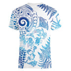 New Zealand Sea Animals Women V-Neck T-Shirt with Maori Koru Tribal Tattoo and Silver Ferns Galaxy Style