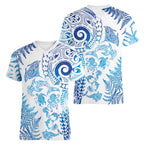 New Zealand Sea Animals Women V-Neck T-Shirt with Maori Koru Tribal Tattoo and Silver Ferns Galaxy Style