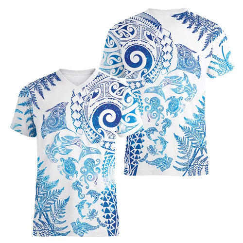 New Zealand Sea Animals Women V-Neck T-Shirt with Maori Koru Tribal Tattoo and Silver Ferns Galaxy Style