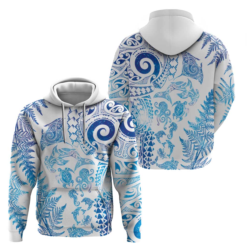 New Zealand Sea Animals Zip Hoodie with Maori Koru Tribal Tattoo and Silver Ferns Galaxy Style