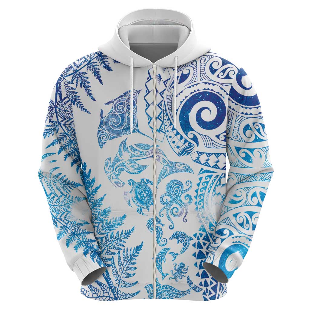 New Zealand Sea Animals Zip Hoodie with Maori Koru Tribal Tattoo and Silver Ferns Galaxy Style