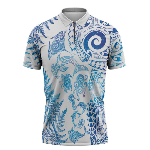 New Zealand Sea Animals Zipper Polo Shirt with Maori Koru Tribal Tattoo and Silver Ferns Galaxy Style