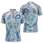 New Zealand Sea Animals Zipper Polo Shirt with Maori Koru Tribal Tattoo and Silver Ferns Galaxy Style