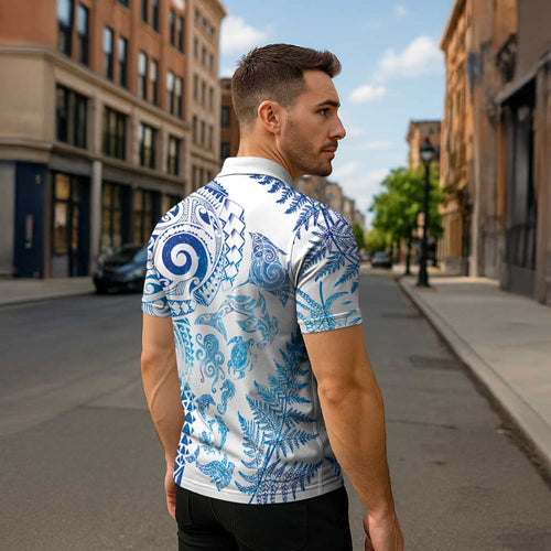 New Zealand Sea Animals Zipper Polo Shirt with Maori Koru Tribal Tattoo and Silver Ferns Galaxy Style
