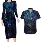 New Zealand New Year-Matariki Couples Matching Long Sleeve Bodycon Dress and Hawaiian Shirt Aotearoa Maori Tattoo Galaxy Sky