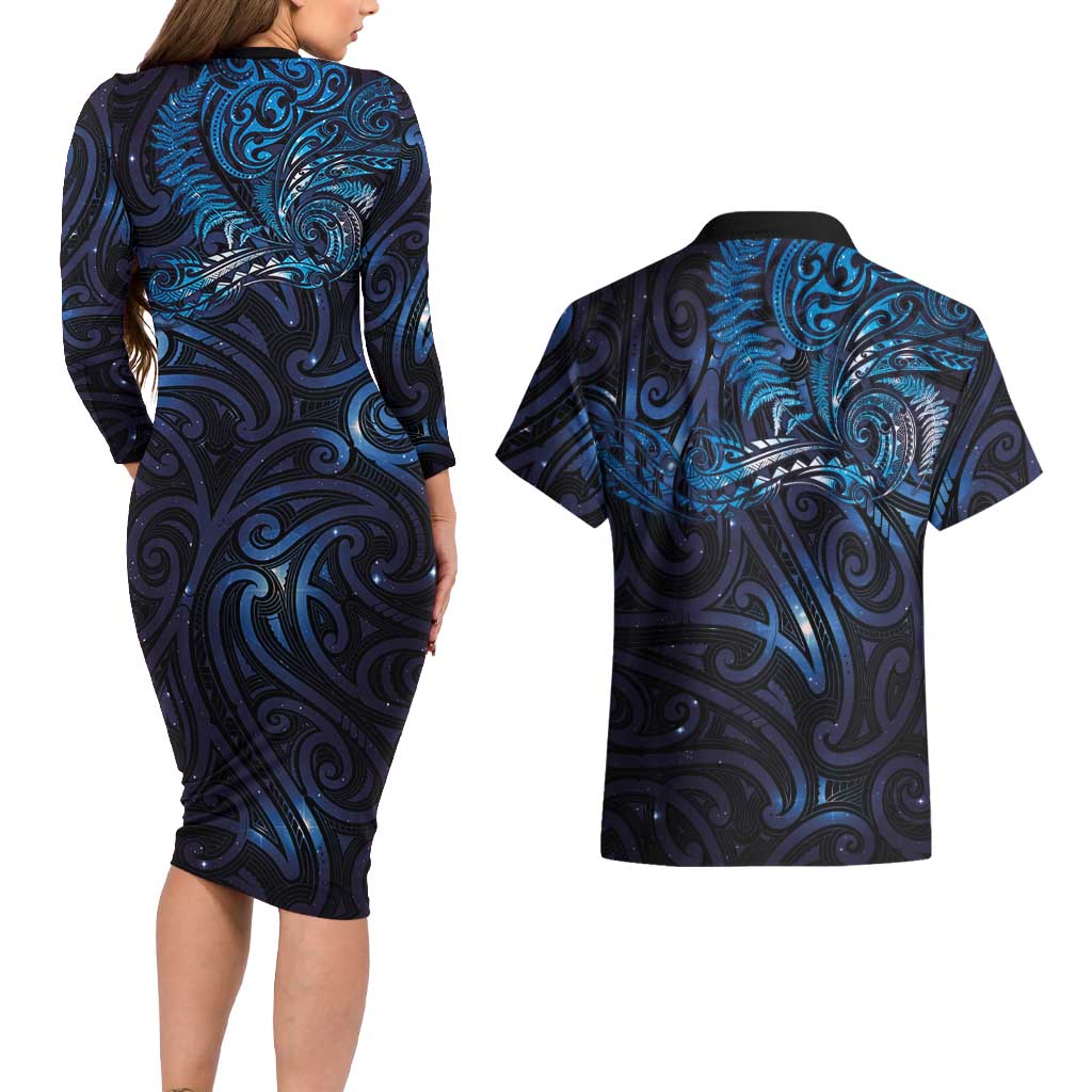 New Zealand New Year-Matariki Couples Matching Long Sleeve Bodycon Dress and Hawaiian Shirt Aotearoa Maori Tattoo Galaxy Sky