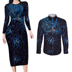 New Zealand New Year-Matariki Couples Matching Long Sleeve Bodycon Dress and Long Sleeve Button Shirt Aotearoa Maori Tattoo Galaxy Sky