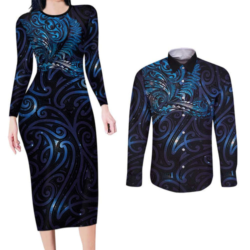New Zealand New Year-Matariki Couples Matching Long Sleeve Bodycon Dress and Long Sleeve Button Shirt Aotearoa Maori Tattoo Galaxy Sky