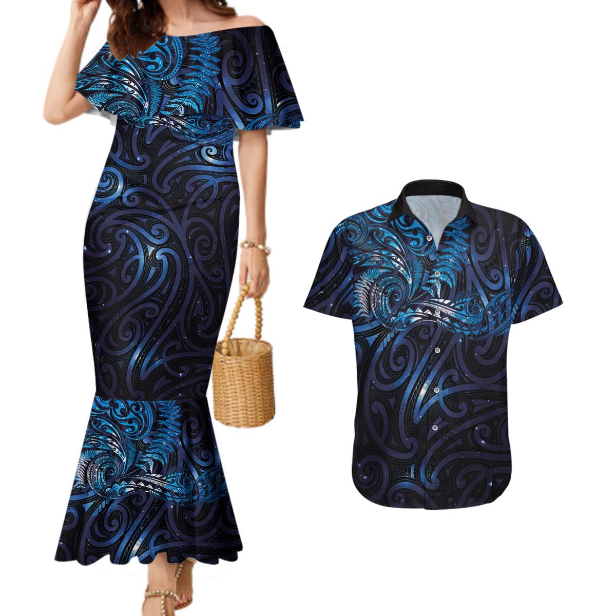 New Zealand New Year-Matariki Couples Matching Mermaid Dress and Hawaiian Shirt Aotearoa Maori Tattoo Galaxy Sky
