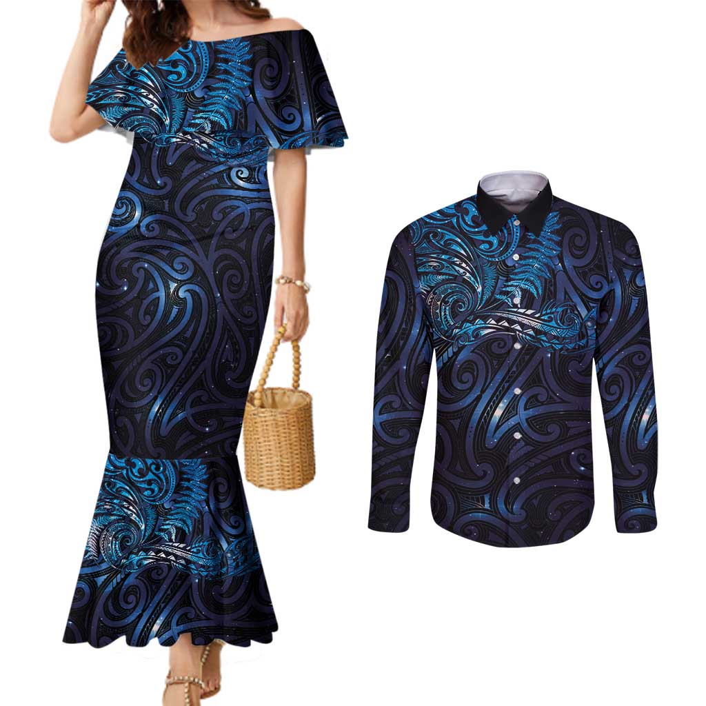 New Zealand New Year-Matariki Couples Matching Mermaid Dress and Long Sleeve Button Shirt Aotearoa Maori Tattoo Galaxy Sky